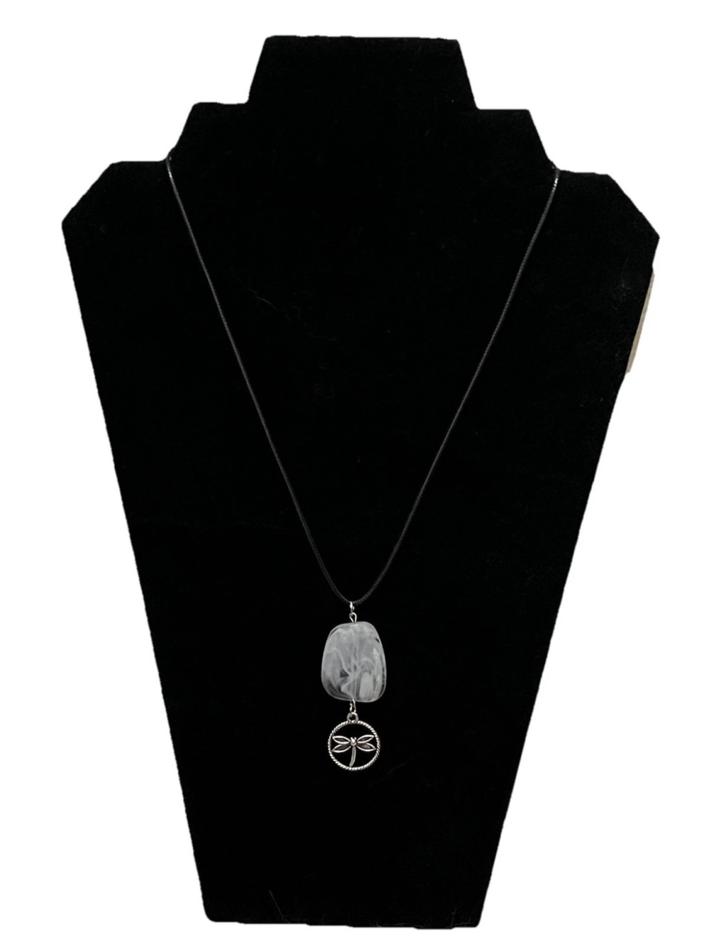 Handmade Gray Oblong Bead Silver Dragonfly Charm Pendant Black Leather Cord